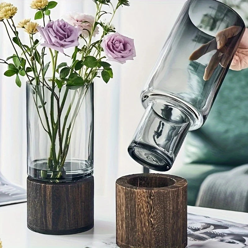 Elegante florero de cristal con base de madera para plantas hidropónicas, arreglo floral de mesa moderno, decoración del hogar