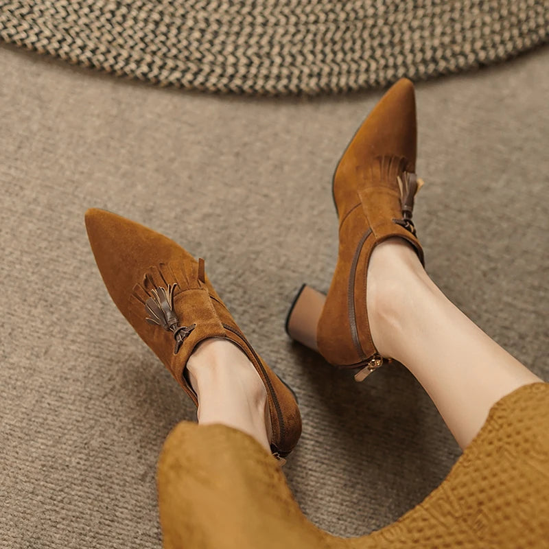 2025 primavera zapatos de mujer puntiagudos tacón grueso zapatos de tacón alto de gamuza de oveja zapatos con hebilla de cinturón para mujer zapatos de mujer