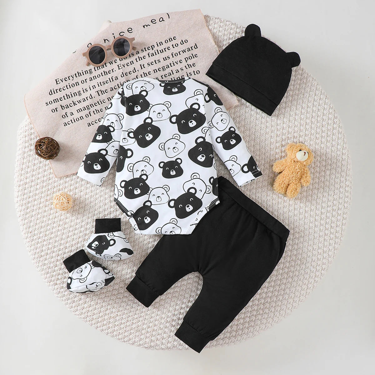 Conjunto de bebé de 0 a 9 meses, mono de manga larga de osito, pantalones, sombrero y calcetines, 4 unidades/juego, ropa de primavera y otoño para bebé recién nacido