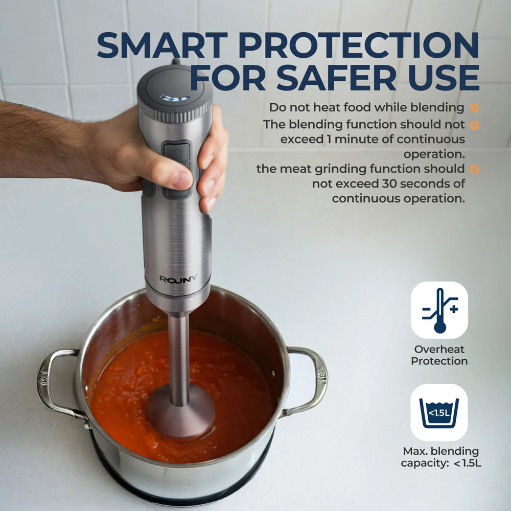 Batidora de inmersión manual potente de 1000W 4 en 1, batidora de alimentos con varilla de acero inoxidable, vaso mezclador de 700ml, procesador de 500ml, batidor