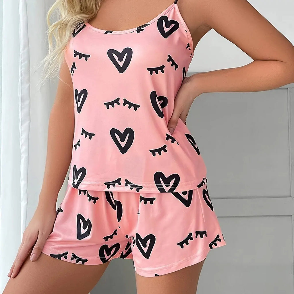 Pijama para Mujer 2 Piezas - Estampado de Corazón, Camisola + Pantalones Cortos |   Ropa de Dormir Veraniega Bonita y Cómoda para