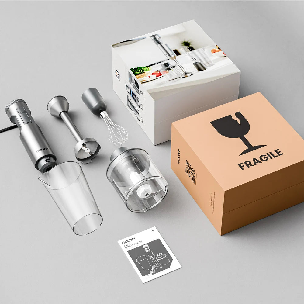 Batidora de inmersión manual potente de 1000W 4 en 1, batidora de alimentos con varilla de acero inoxidable, vaso mezclador de 700ml, procesador de 500ml, batidor