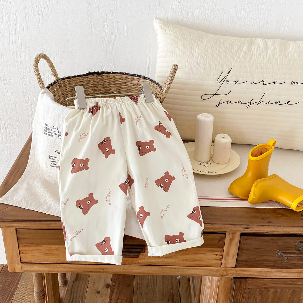 Pantalones sueltos informales para niños, ropa de primavera y verano, nuevos pantalones finos, simples y versátiles, ropa exterior, pantalones con estampado de dibujos animados para niños y niñas