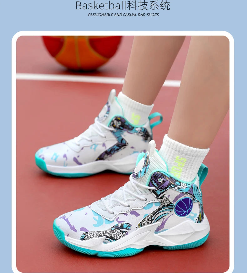Zapatillas de baloncesto de moda para niños, zapatillas altas, zapatillas deportivas informales para niños, zapatillas de gimnasio antideslizantes con protección en el tobillo para niños