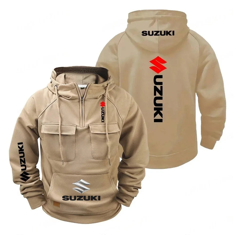 Chaqueta holgada con capucha retro Suzuki para hombre y mujer, sudadera con capucha de felpa con múltiples bolsillos, camisa informal de moda para exteriores