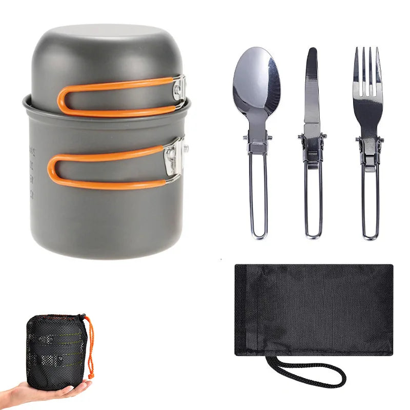 Kit de vajilla de picnic para acampar al aire libre, juego de utensilios de cocina para exteriores, cuchara plegable, tenedor, cuchillo, tetera, taza, suministros de equipo de Camping