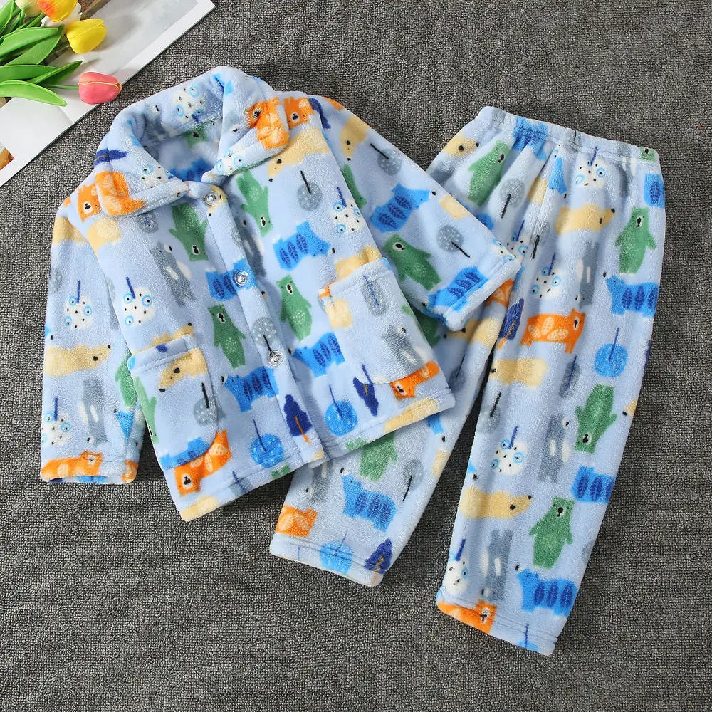 Conjuntos de pijamas cálidos de Franela suave para niños, abrigo con solapa de dibujos animados bonitos y pantalones, ropa de dormir informal para niños, Otoño e Invierno