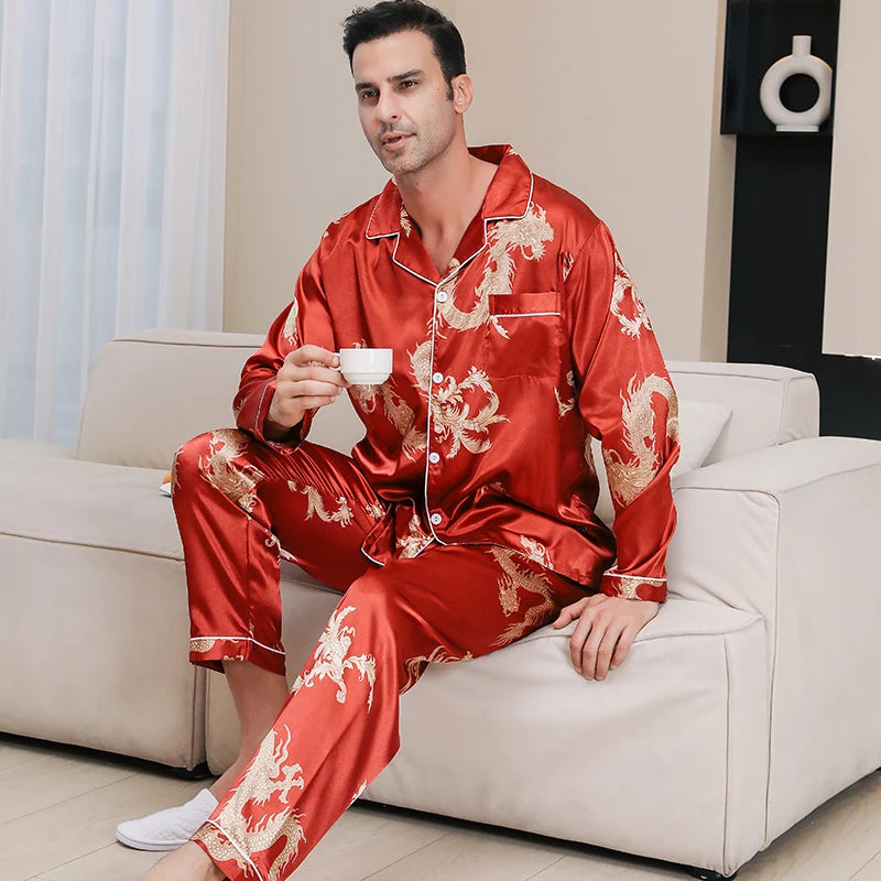 Pijamas de seda de hielo para hombre ropa de dormir de manga larga dragón chino año del zodiaco rojo talla grande primavera y otoño 2024