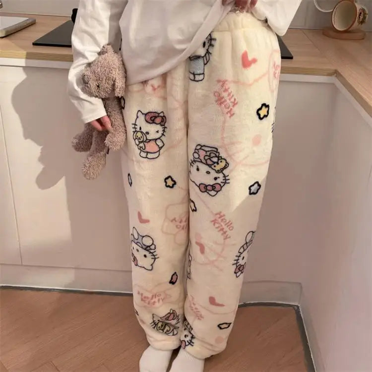 Pantalones de pijamas de franela de invierno para mujer, pantalones de felpa de Hello Kitty Sanrio Kawaii, pantalones cálidos de terciopelo Coral grueso para dormir, pantalones de casa