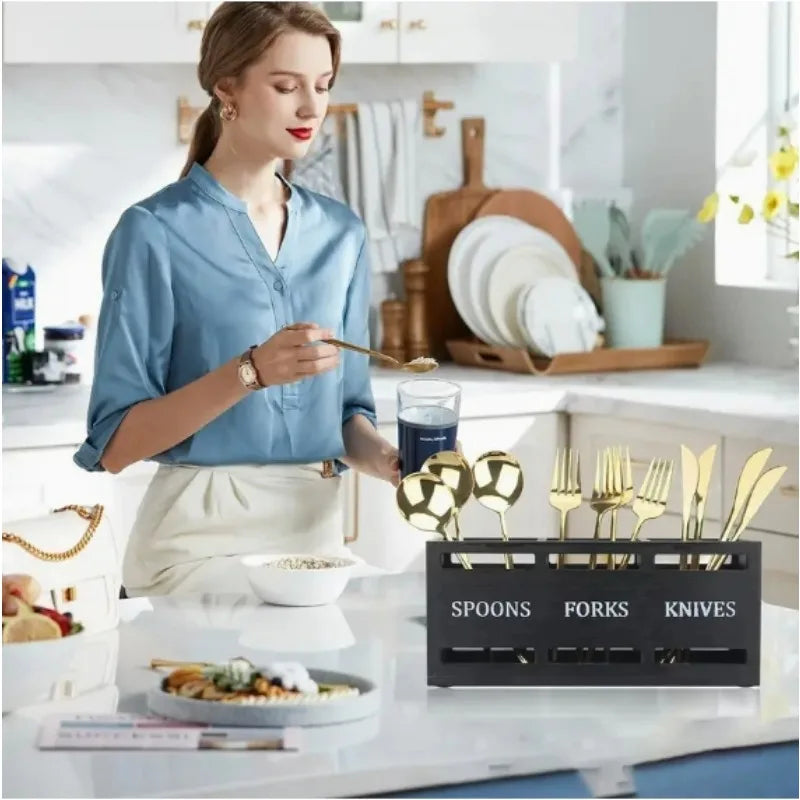 Caja organizadora de cubiertos con múltiples compartimentos de madera para utensilios de cocina, palillos, cucharas, bandeja de almacenamiento para mesa de comedor Rectangular