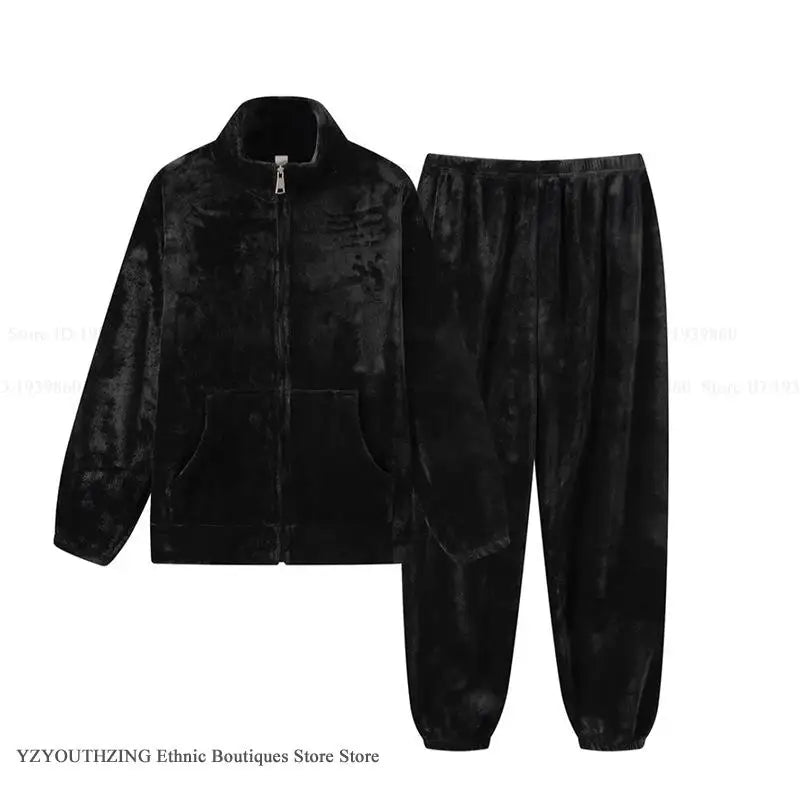 Conjunto de Pijamas de invierno para mujer, ropa de dormir cálida de lana de Coral, traje de pantalón con bolsillo, franela gruesa suelta, cuello alto, ropa de casa