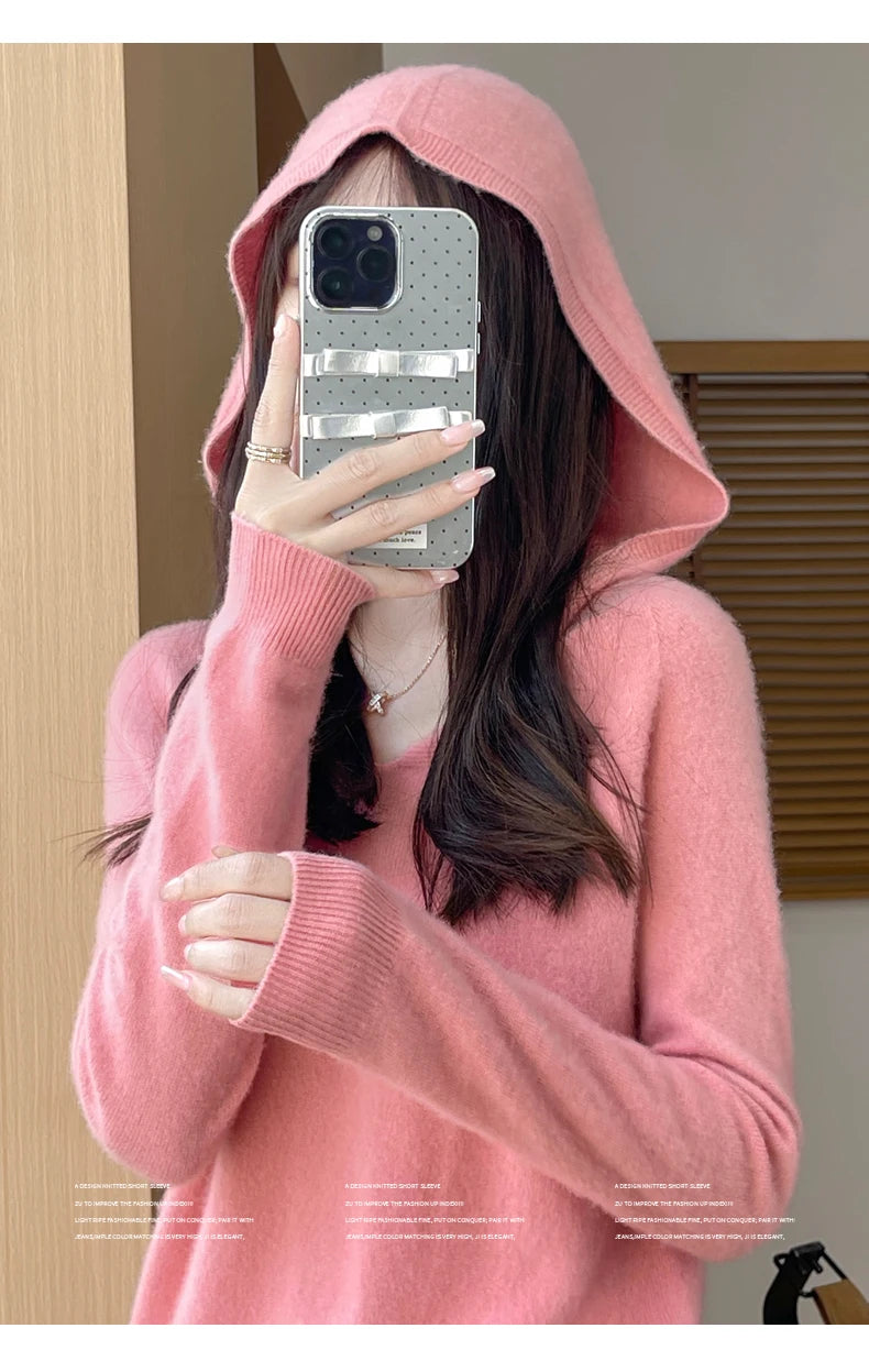 Ropa de Otoño Invierno para mujer, jersey con cuello con capucha, suéter de lana merina de 100%, Tops de Cachemira a la moda, prendas de punto suaves