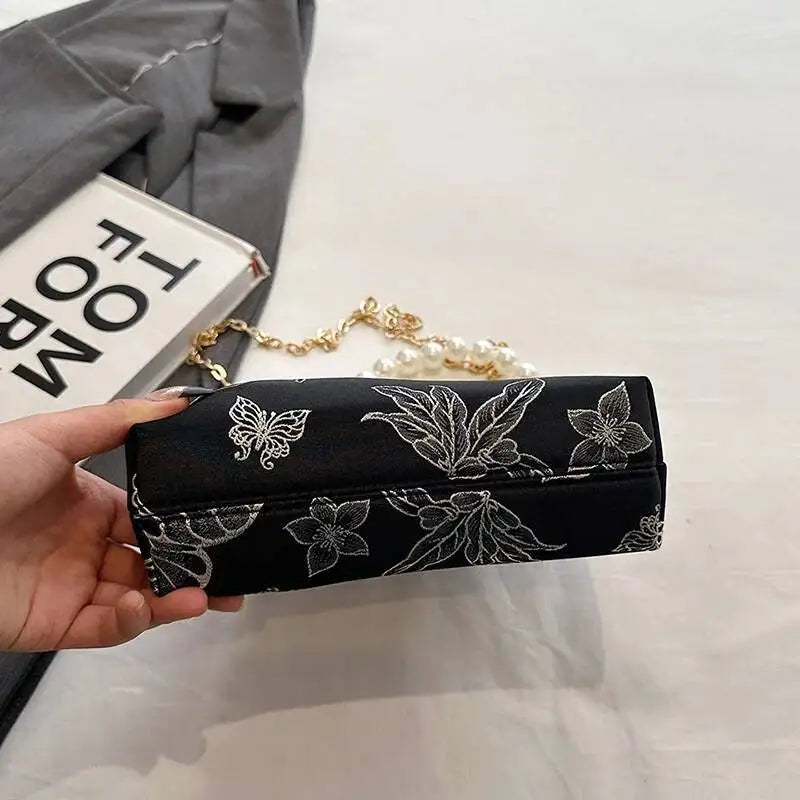 Bolso de mano bordado de estilo bohemio para mujer, bolsos de hombro con patrón floral, elegante bolso con correa de cadena y asa de metal, cartera de regalo