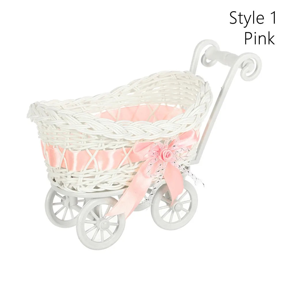 Carrito pequeño creativo tejido a mano, cesta de almacenamiento de frutas y flores de regalo de 2 estilos, almacenamiento tejido de ratán de imitación para plantas, hogar y boda