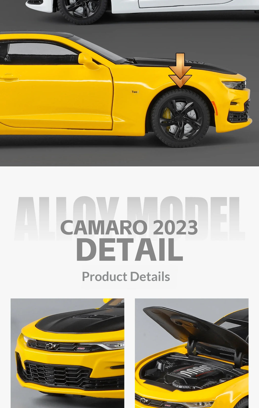Modelo de coche de aleación Camaro - Puertas abiertas - Absorción de impactos de neumáticos de goma - Cuerpo de metal fundido a presión - Decoraciones para automóviles