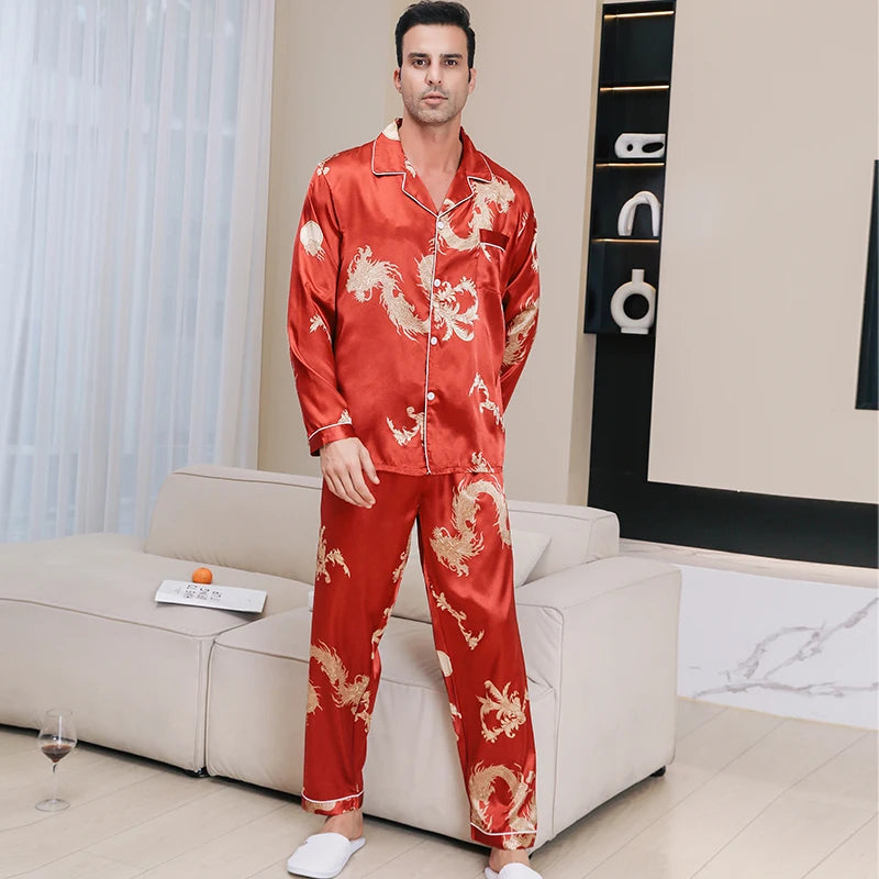 Pijamas de seda de hielo para hombre ropa de dormir de manga larga dragón chino año del zodiaco rojo talla grande primavera y otoño 2024