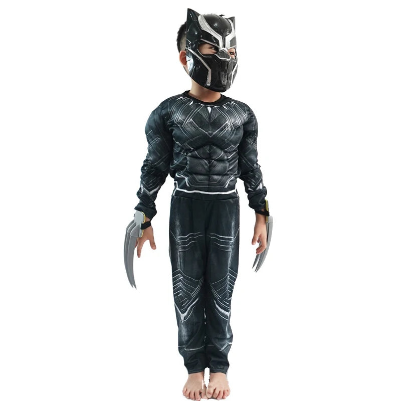 Disfraz de Pantera Negra para niños, mono con músculos, superhéroe, Pantera Negra, Cosplay, máscara, garras, disfraces de Halloween para niños