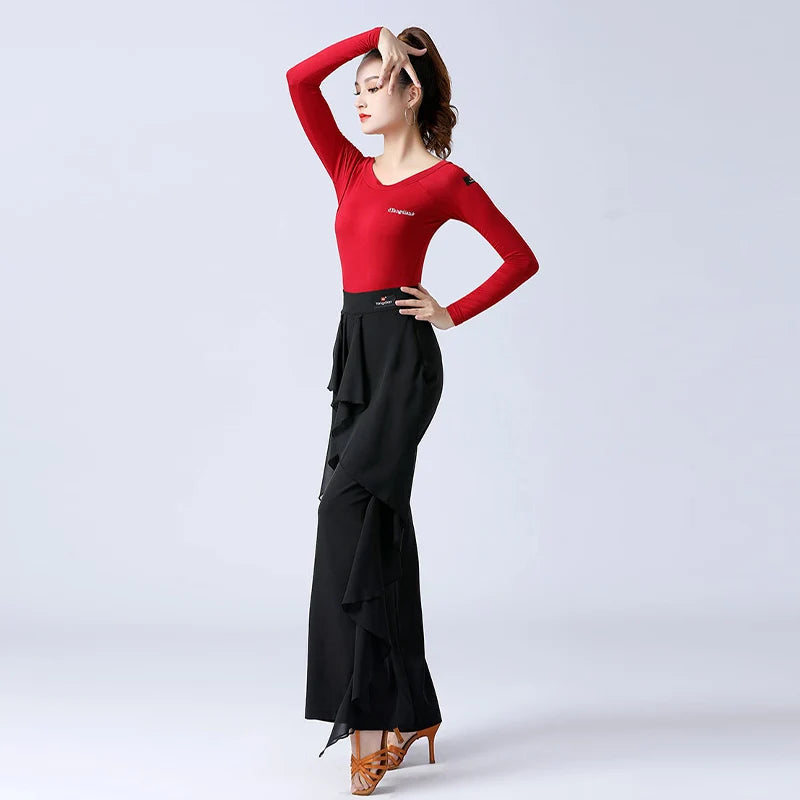 Pantalones de baile latino para mujer, pantalones anchos con volantes de cintura alta para baile moderno, pantalones de salón Tango Samba, traje de práctica de actuación