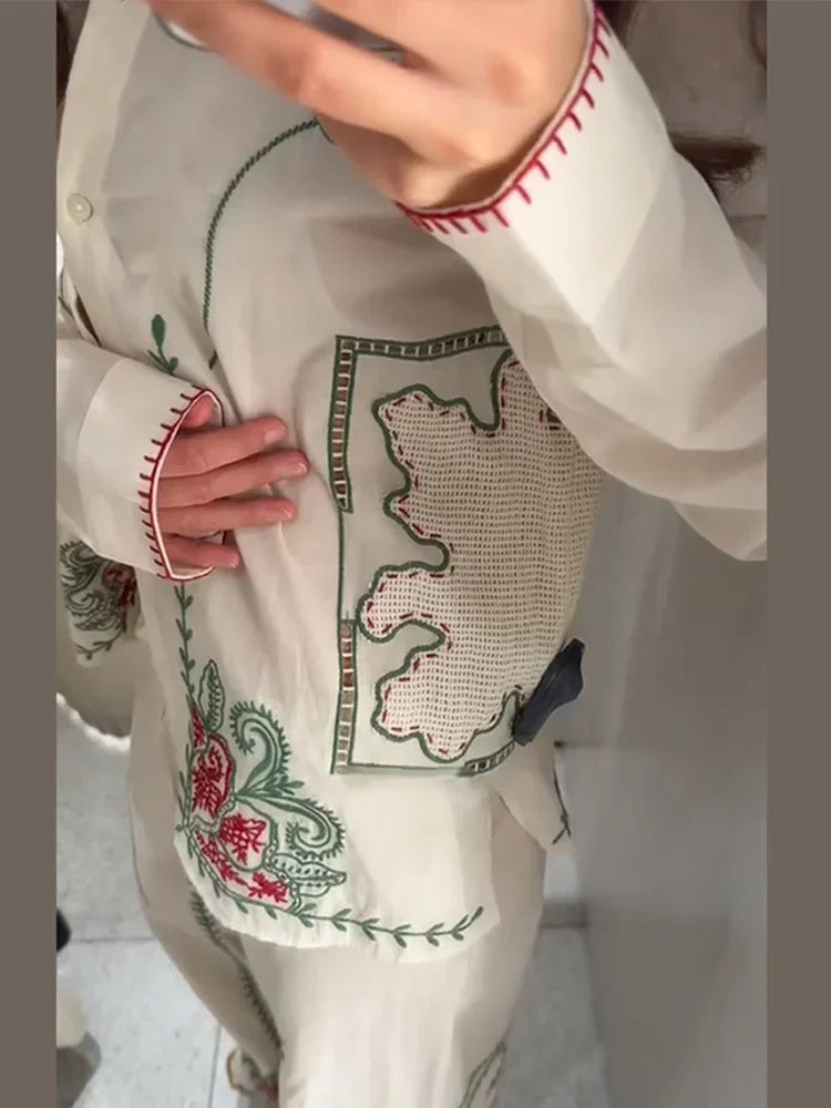 Conjunto de camisa de solapa bordada Retro, pantalón largo, camisas informales elegantes con una botonadura, conjuntos de pantalones rectos, trajes elegantes de verano