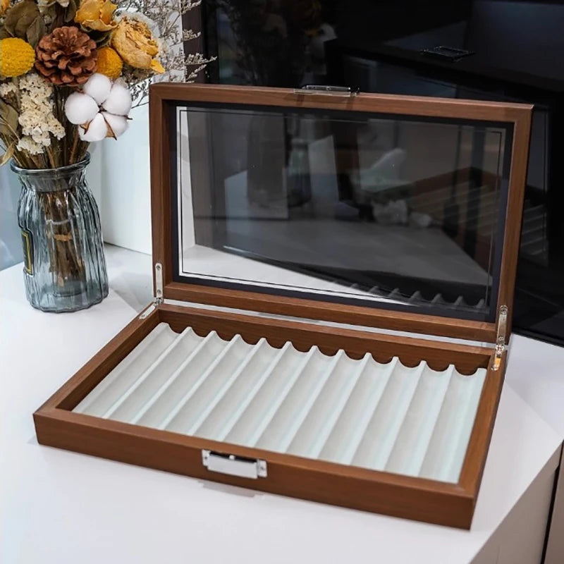 Caja de almacenamiento para bolígrafos de 12 rejillas, textura de nogal de gran capacidad, vitrina transparente, estante organizador coleccionable
