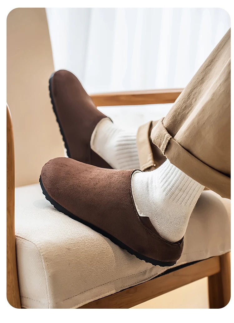 2025 zuecos de moda, zapatillas para hombre, zapatillas planas informales para exteriores, cómodas zapatillas de gamuza de suela gruesa, zapatos de playa antideslizantes para mujer