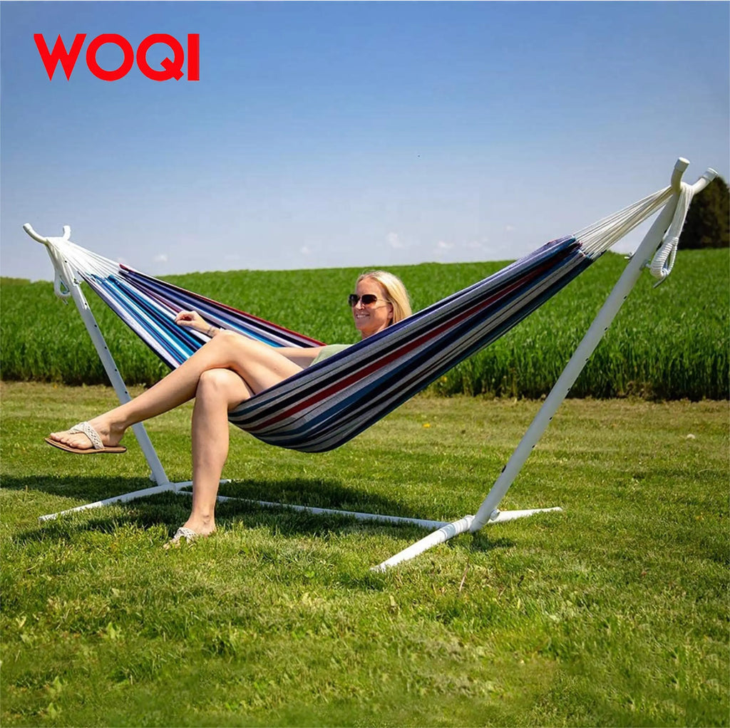 WOQI Hamaca plegable grande con flecos de macramé brasileño doble para acampar con soporte y bolsa de transporte