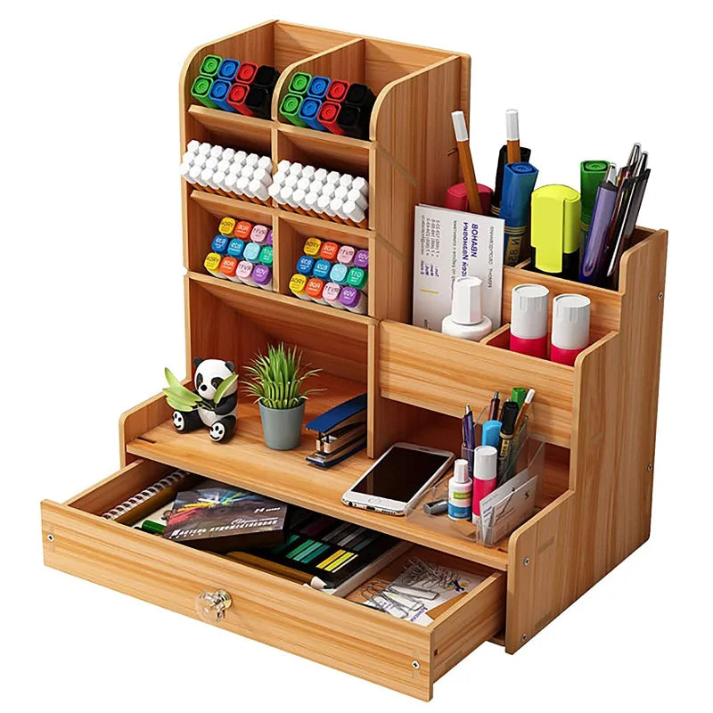 Organizador de escritorio de madera, portalápices ordenado de escritorio DIY, caja de almacenamiento de papelería de gran capacidad con cajón para el hogar, la Oficina y la escuela