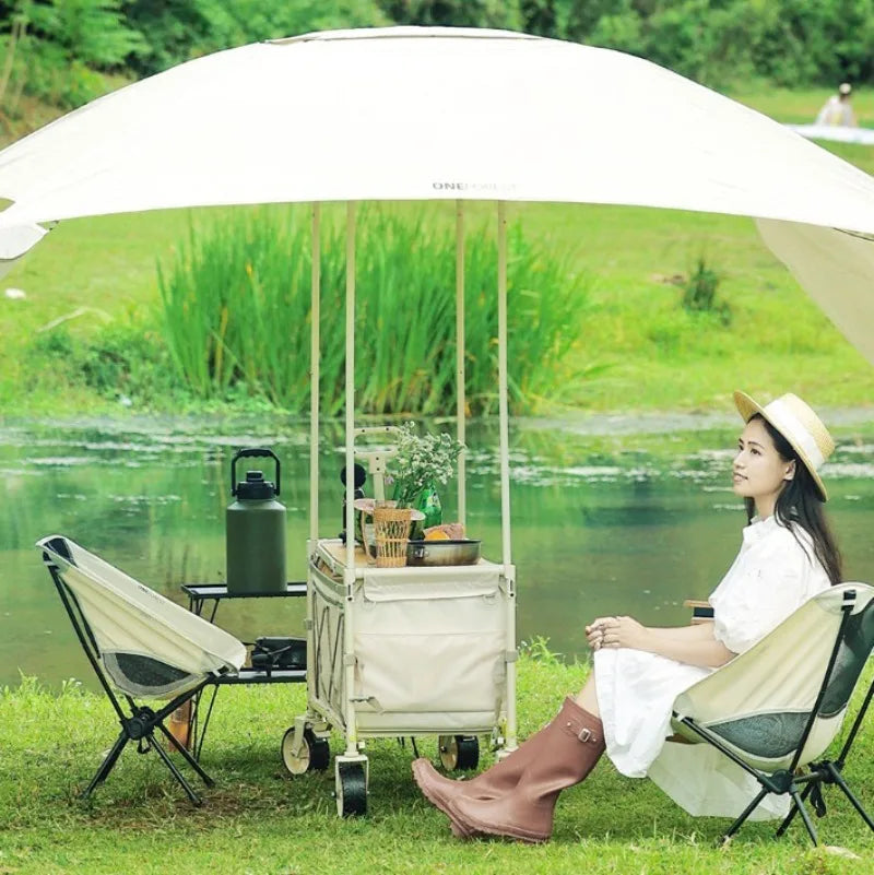 Carro de Camping plegable con sombrilla, carrito de mano de almacenamiento multifuncional portátil de viaje, herramientas útiles y prácticas para acampar al aire libre