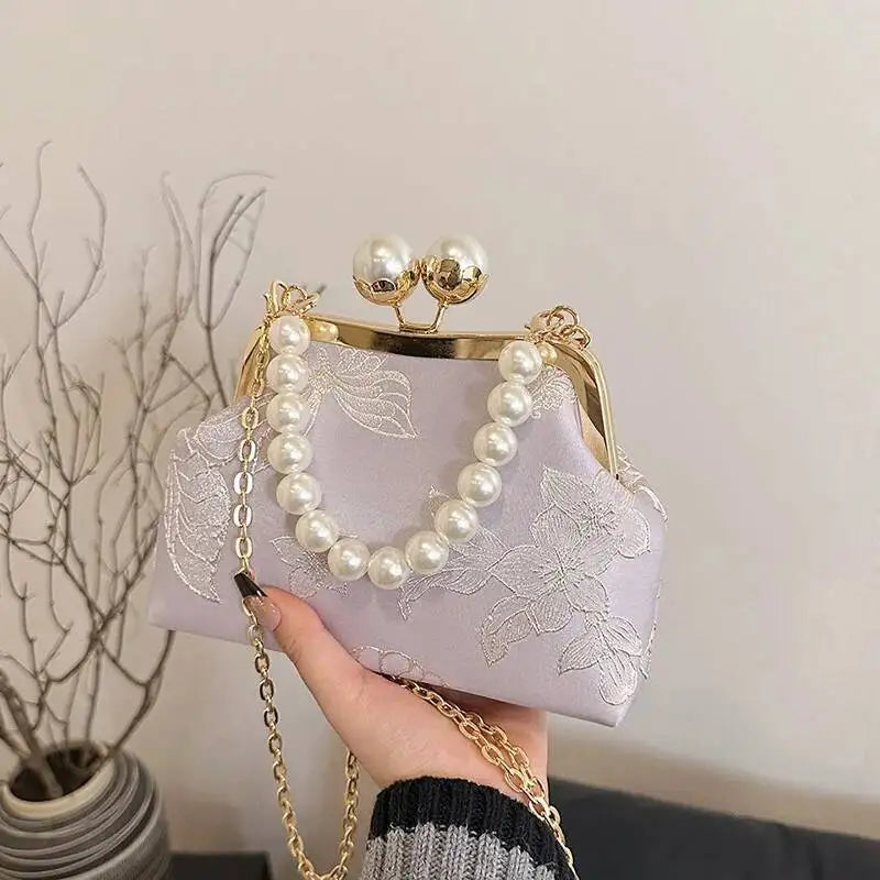 Bolso de mano bordado de estilo bohemio para mujer, bolsos de hombro con patrón floral, elegante bolso con correa de cadena y asa de metal, cartera de regalo