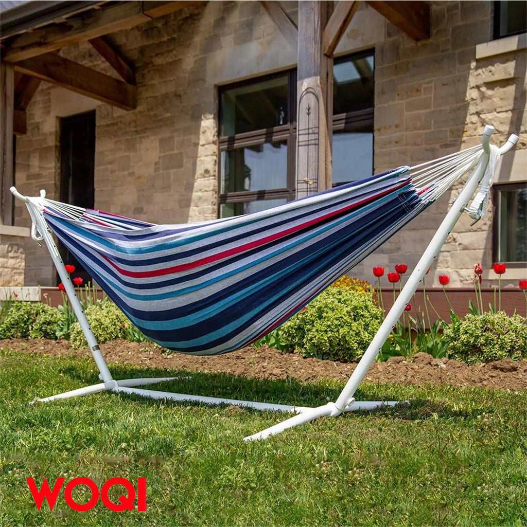 WOQI Hamaca plegable grande con flecos de macramé brasileño doble para acampar con soporte y bolsa de transporte