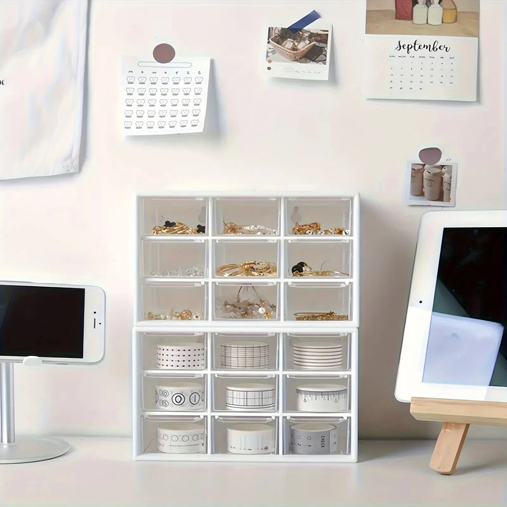 Caja de almacenamiento de material de cuentas. La caja de almacenamiento estilo cajón de nueve rejillas es apilable. Organizador de maquillaje para tocador y oficina