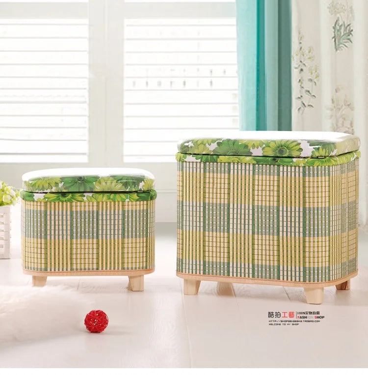 Taburete de almacenamiento tejido de bambú ecológico, caja organizadora multifuncional de madera, banco de sofá para pasillo, balcón, reposapiés para zapatos