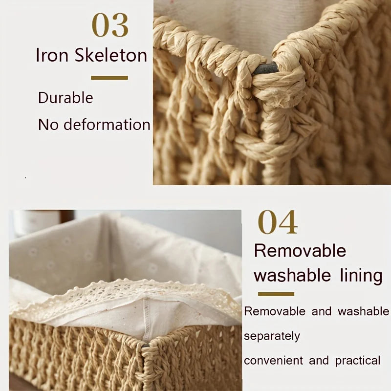 Cesta de almacenamiento de ratán hecha a mano, cesta de almacenamiento de escritorio de ratán con forro de encaje extraíble, adecuada para almacenamiento de cosméticos, 1 ud.