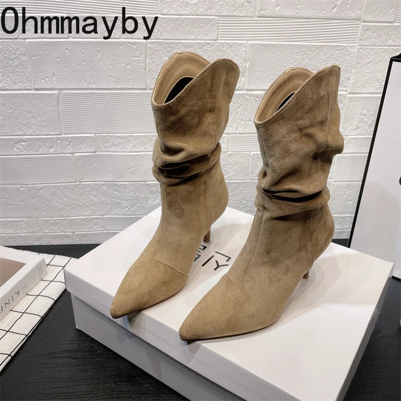 Botines Vintage con punta estrecha para Mujer, Botas cortas sin cordones con tacón alto conciso para otoño, Zapatos De Mujer