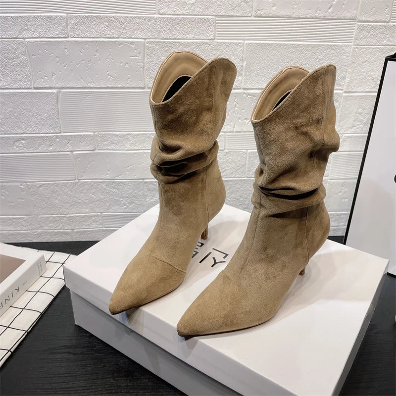 Botines Vintage con punta estrecha para Mujer, Botas cortas sin cordones con tacón alto conciso para otoño, Zapatos De Mujer