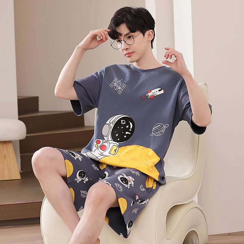 Pijamas para hombre y adolescente, pantalones cortos de algodón de manga corta con dibujos de astronauta, conjunto de ropa de descanso para estudiantes de secundaria, pijama para hombre, envío directo