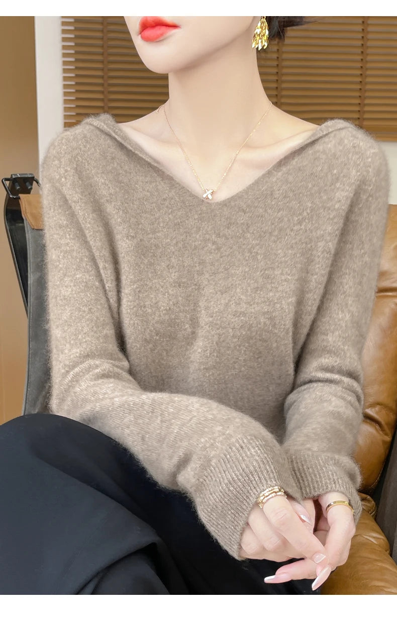 Ropa de Otoño Invierno para mujer, jersey con cuello con capucha, suéter de lana merina de 100%, Tops de Cachemira a la moda, prendas de punto suaves