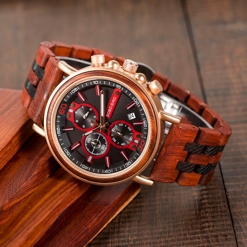 Reloj Masculino BOBO BIRD de madera para hombre, relojes militares con cronógrafo elegante de lujo de marca superior en caja de madera, reloj para hombre