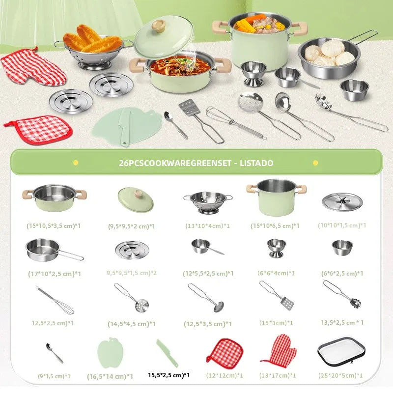 Juego de utensilios de cocina para niños, accesorios de cocina, ollas de madera y acero inoxidable con comida, regalo para niños