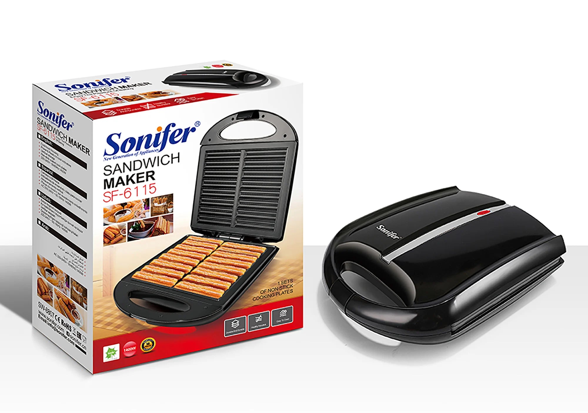 Sonifer-sandwichera eléctrica de 1400W, electrodomésticos de cocina para desayuno, máquina de gofres, sartén de hierro antiadherente, España