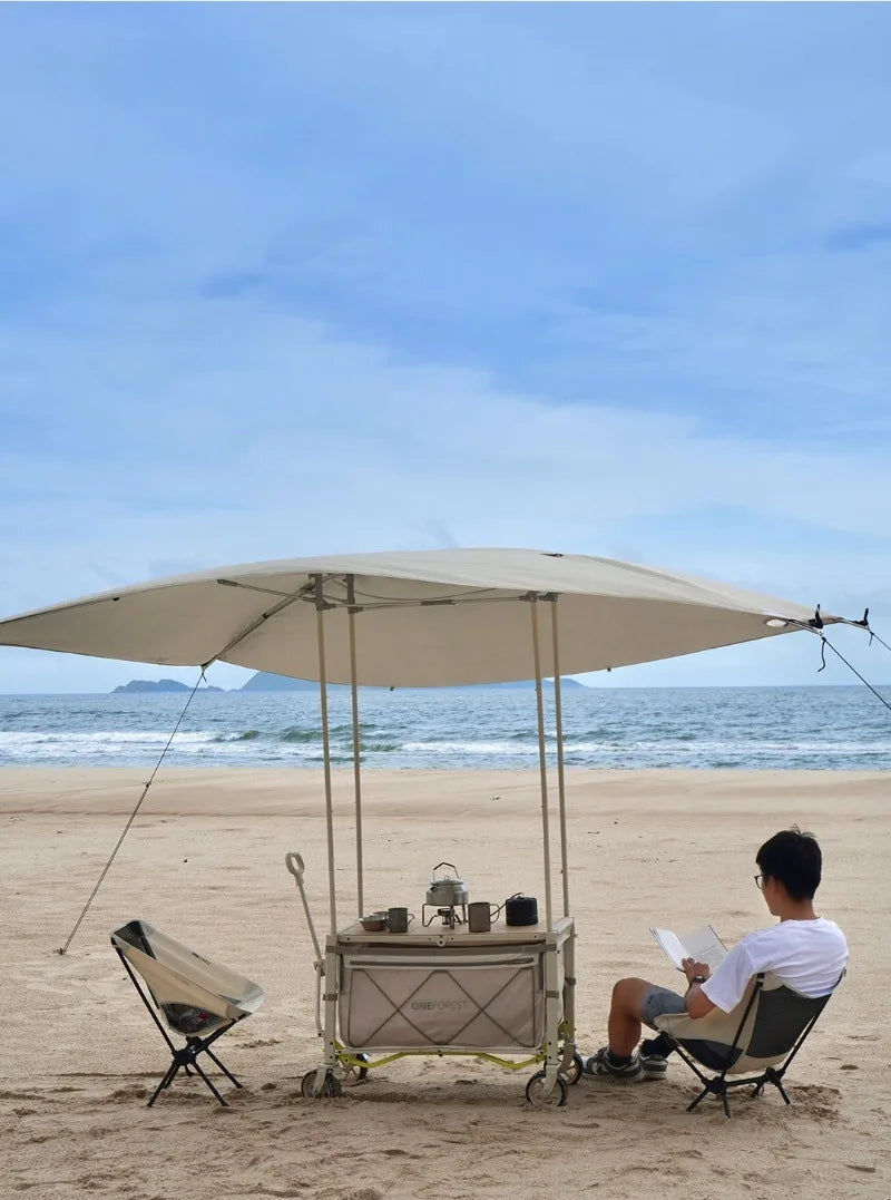 Carro de Camping plegable con sombrilla, carrito de mano de almacenamiento multifuncional portátil de viaje, herramientas útiles y prácticas para acampar al aire libre