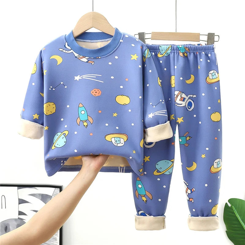 Conjuntos de pijamas cálidos para niños, ropa de terciopelo para otoño e invierno, trajes para niños y niñas, jersey con estampado de moda y pantalones, trajes de 2 uds de 1 a 14 años