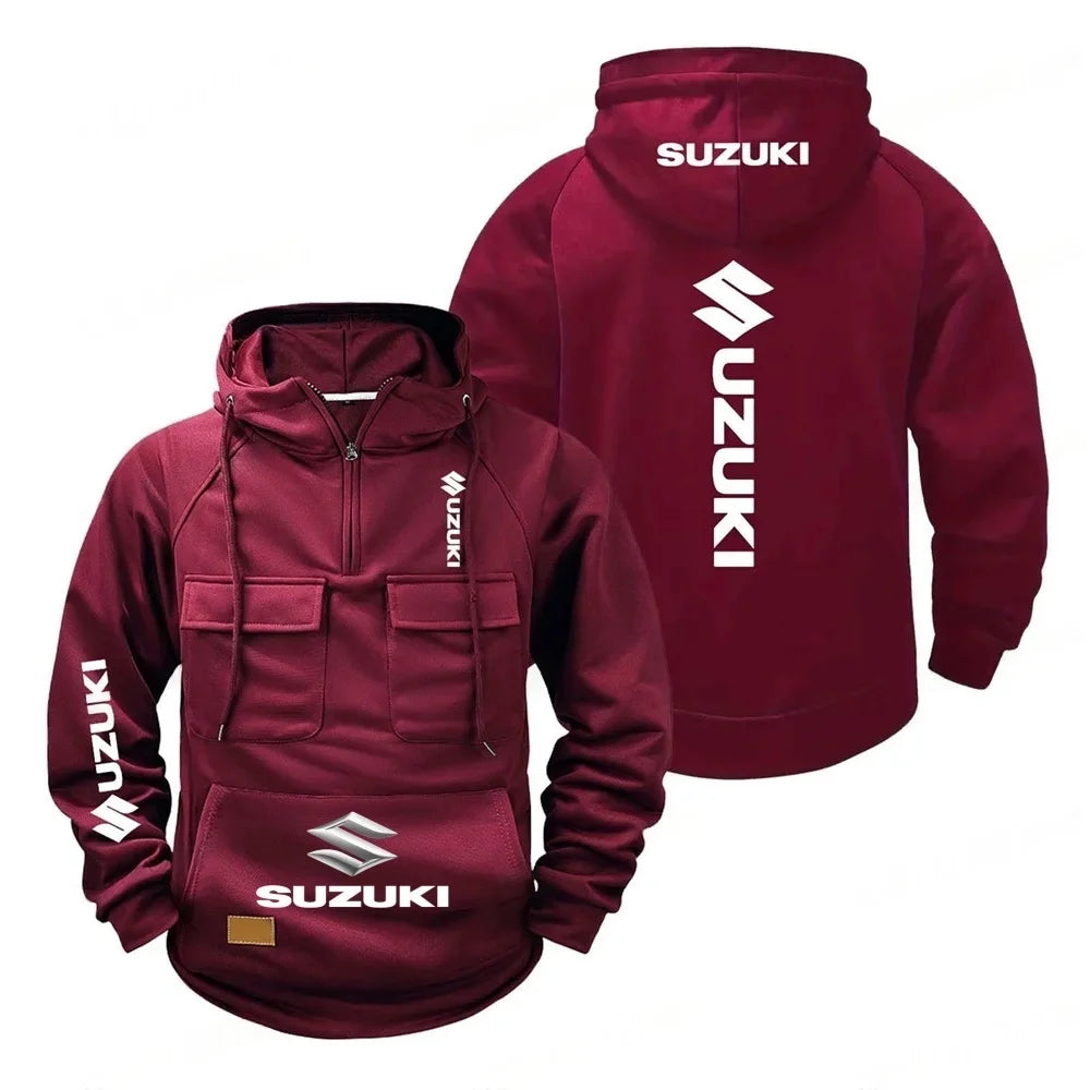 Chaqueta holgada con capucha retro Suzuki para hombre y mujer, sudadera con capucha de felpa con múltiples bolsillos, camisa informal de moda para exteriores