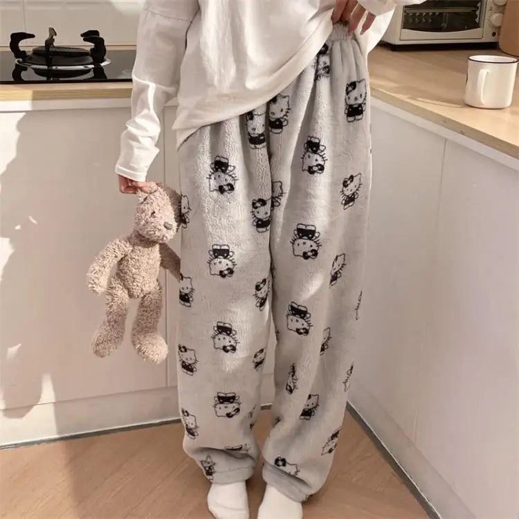 Pantalones de pijamas de franela de invierno para mujer, pantalones de felpa de Hello Kitty Sanrio Kawaii, pantalones cálidos de terciopelo Coral grueso para dormir, pantalones de casa