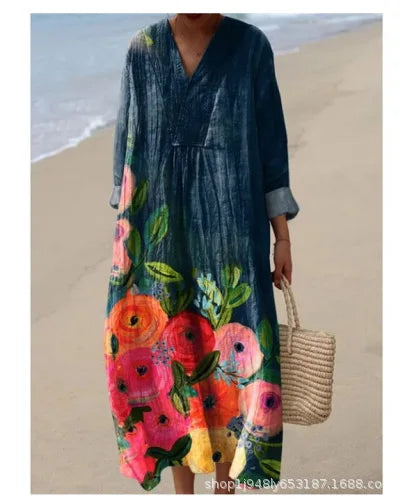 Vestido camisero con estampado Floral para mujer, vestido holgado a la moda con cuello en V, corte en A, elegante, para vacaciones en la playa, estilo sol, principios de otoño