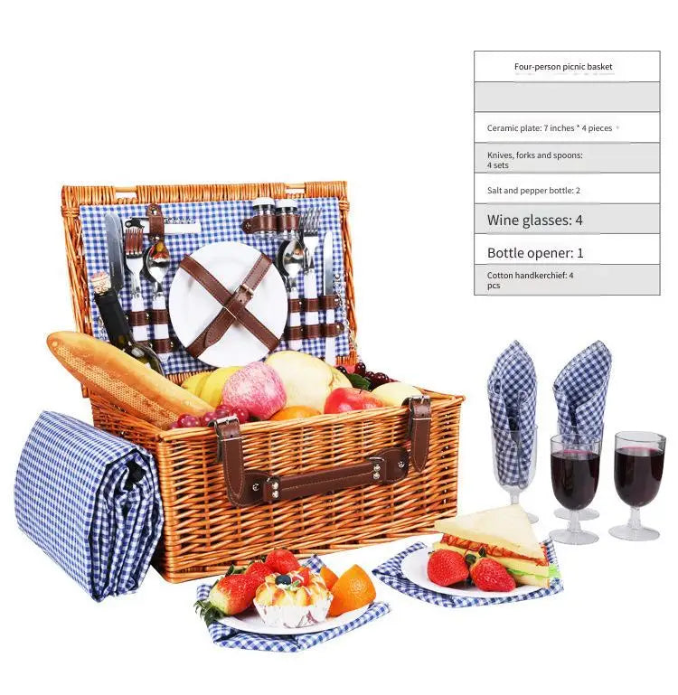 Vajilla portátil de ratán a mano para exteriores, cesta de Picnic, cesta de regalo, cesta de almacenamiento tejida de mimbre con tapa, Picnics de estilos Vintage