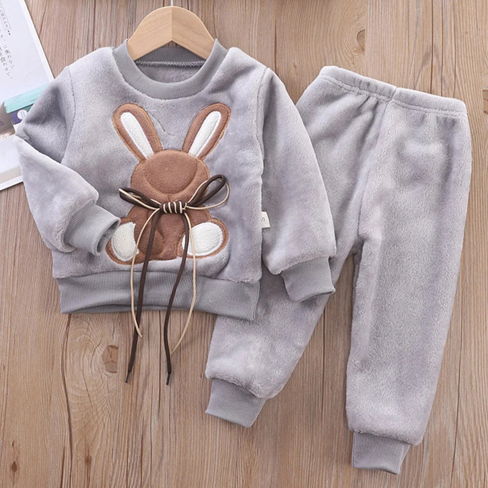 Ropa de invierno para niños, conjunto de pijamas de conejo de dibujos animados de otoño para niñas y niños, conjuntos de 2 uds de forro polar de franela gruesa, ropa de dormir cálida para niños