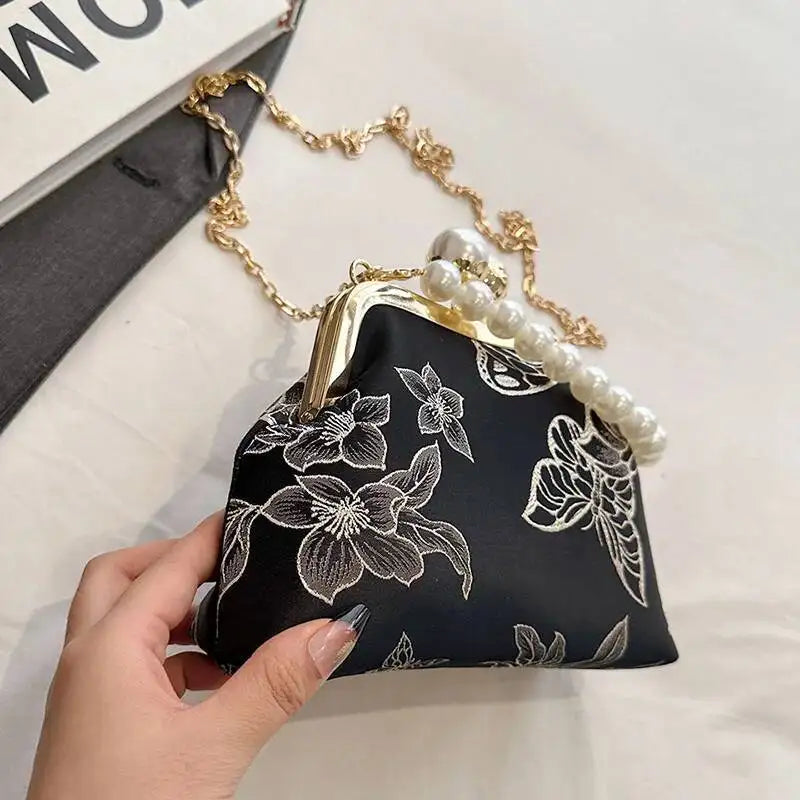Bolso de mano bordado de estilo bohemio para mujer, bolsos de hombro con patrón floral, elegante bolso con correa de cadena y asa de metal, cartera de regalo