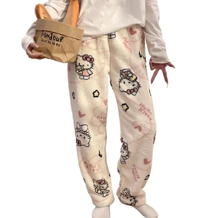 Pantalones de pijamas de franela de invierno para mujer, pantalones de felpa de Hello Kitty Sanrio Kawaii, pantalones cálidos de terciopelo Coral grueso para dormir, pantalones de casa