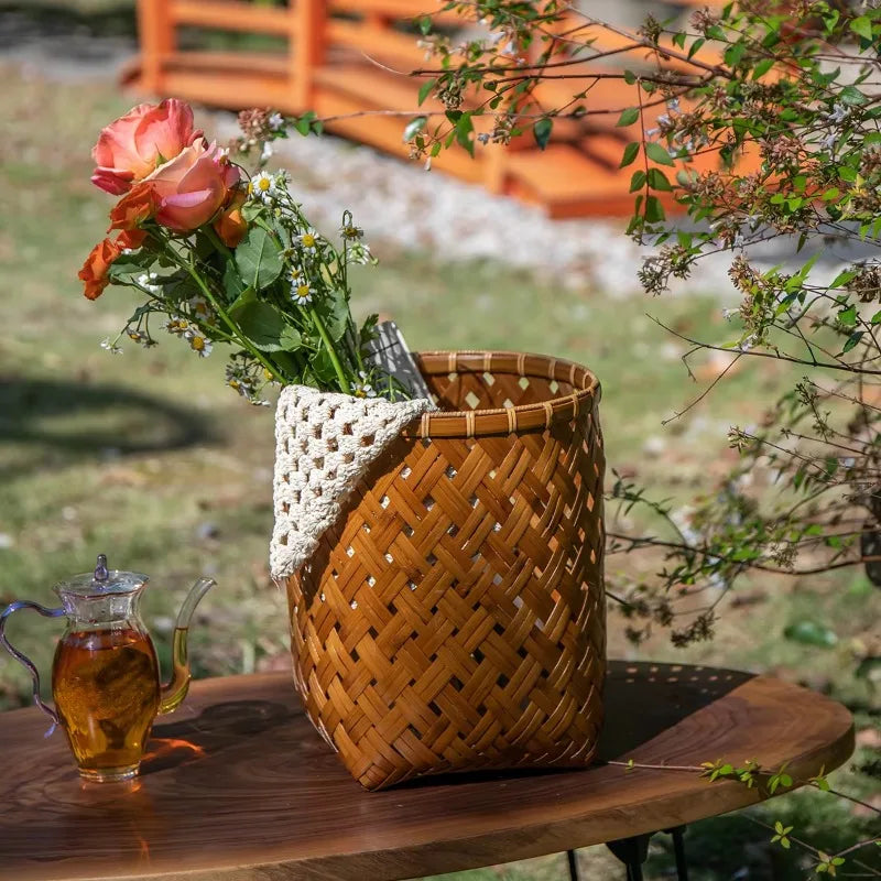 Cesta de bambú púrpura antigua hecha a mano, organizador multifuncional, soporte de papel decorativo para flores, contenedor de almacenamiento para el hogar